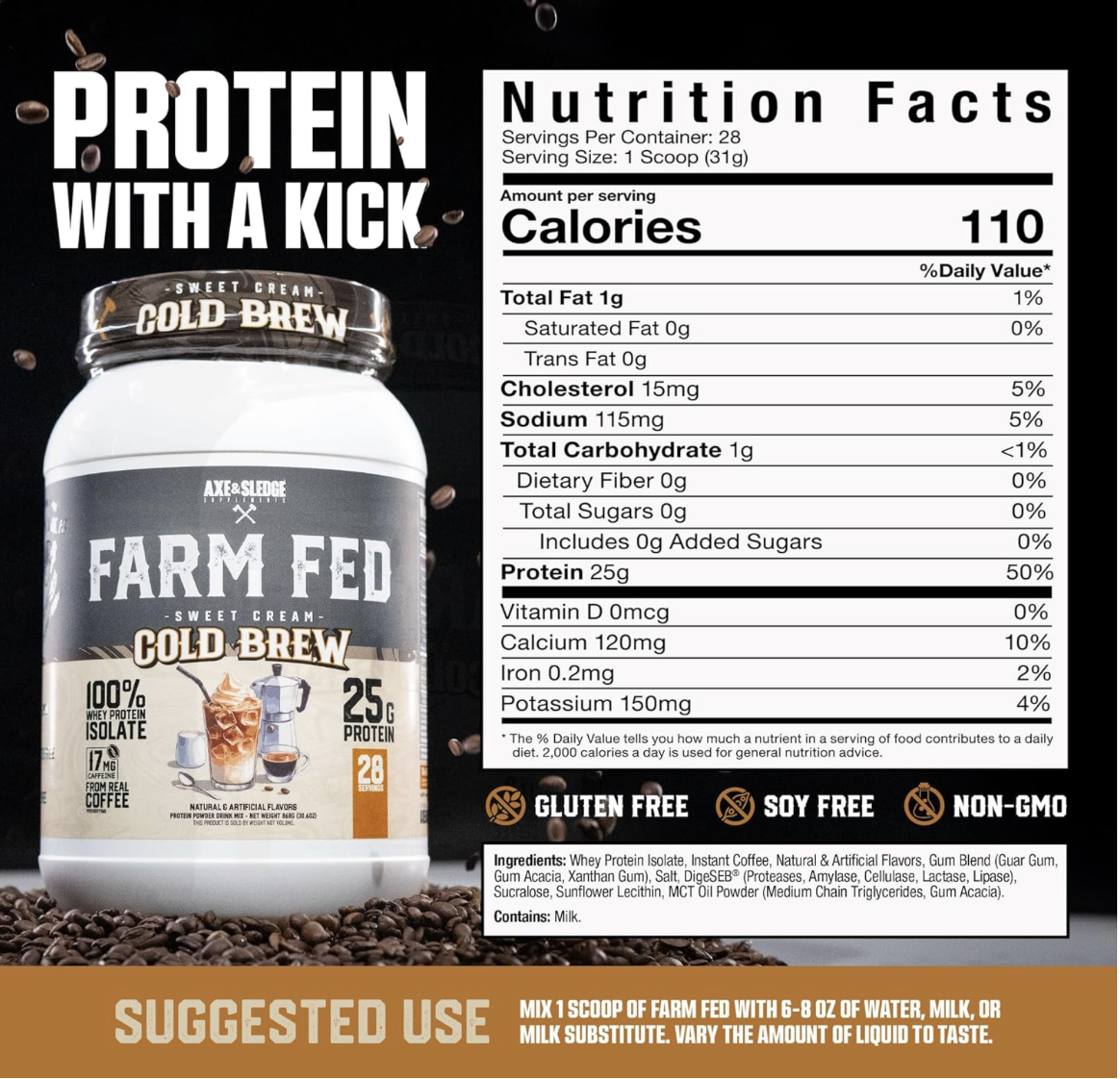 Axe & Sledge Farm Fed Protein Sweet Cream Cold Brew nutrition label