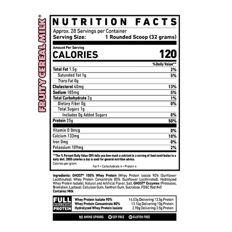 GHOST Whey Fruity Cereal Milk nutrition label